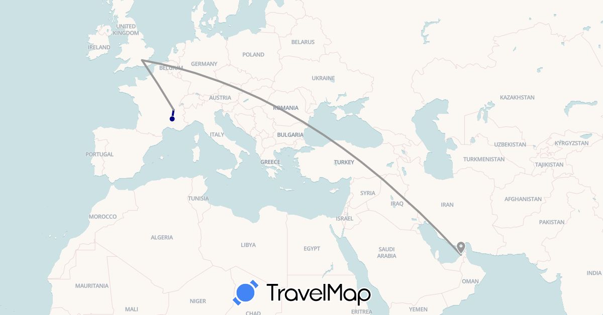 TravelMap itinerary: driving, plane in United Arab Emirates, France, United Kingdom (Asia, Europe)